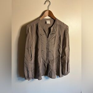 Poetry | Greige/Tan Button Down 100% Silk Distressed Detail Long Sleeve Blouse